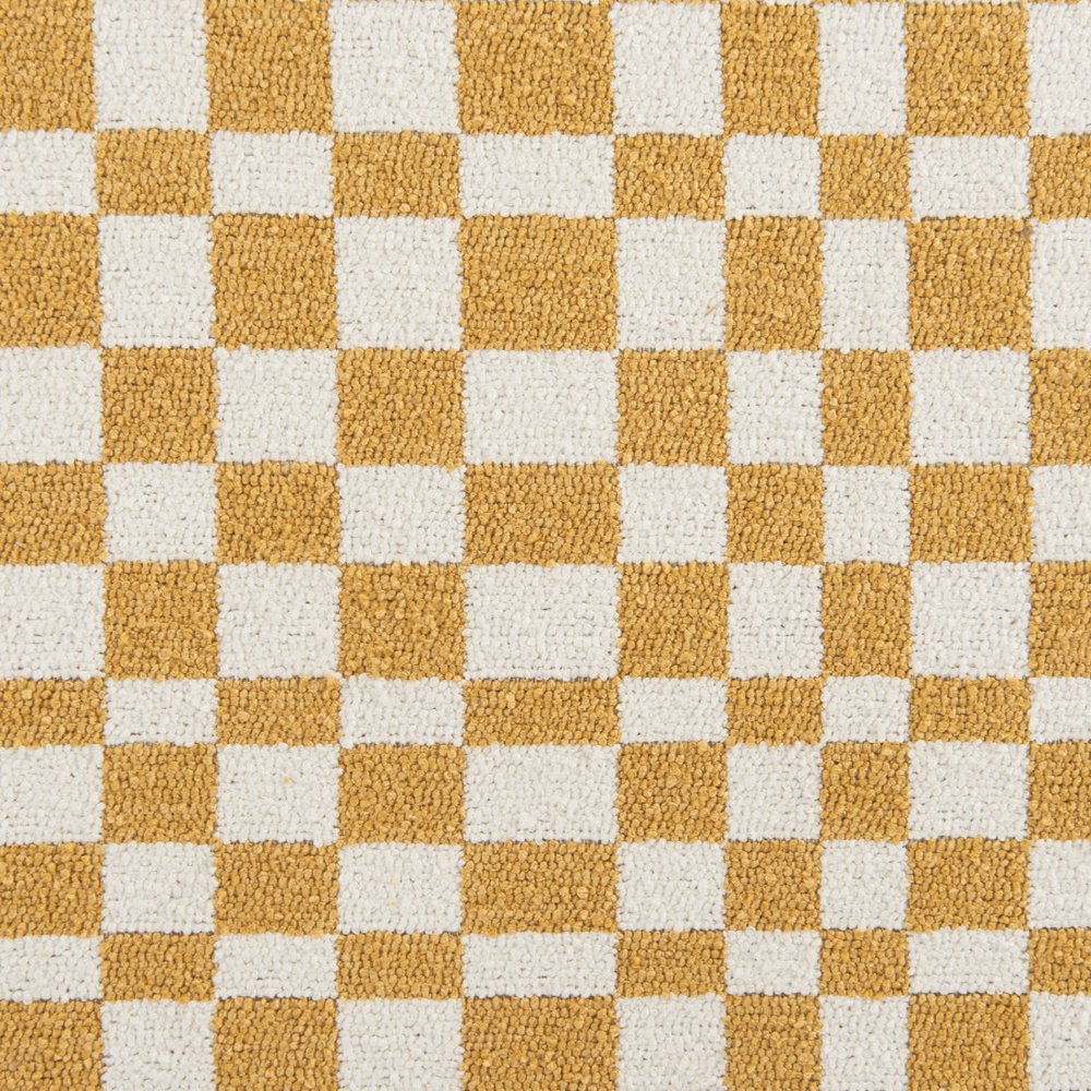 18" White Yellow And Natural Wood And Upholstery Checkered Ottoman