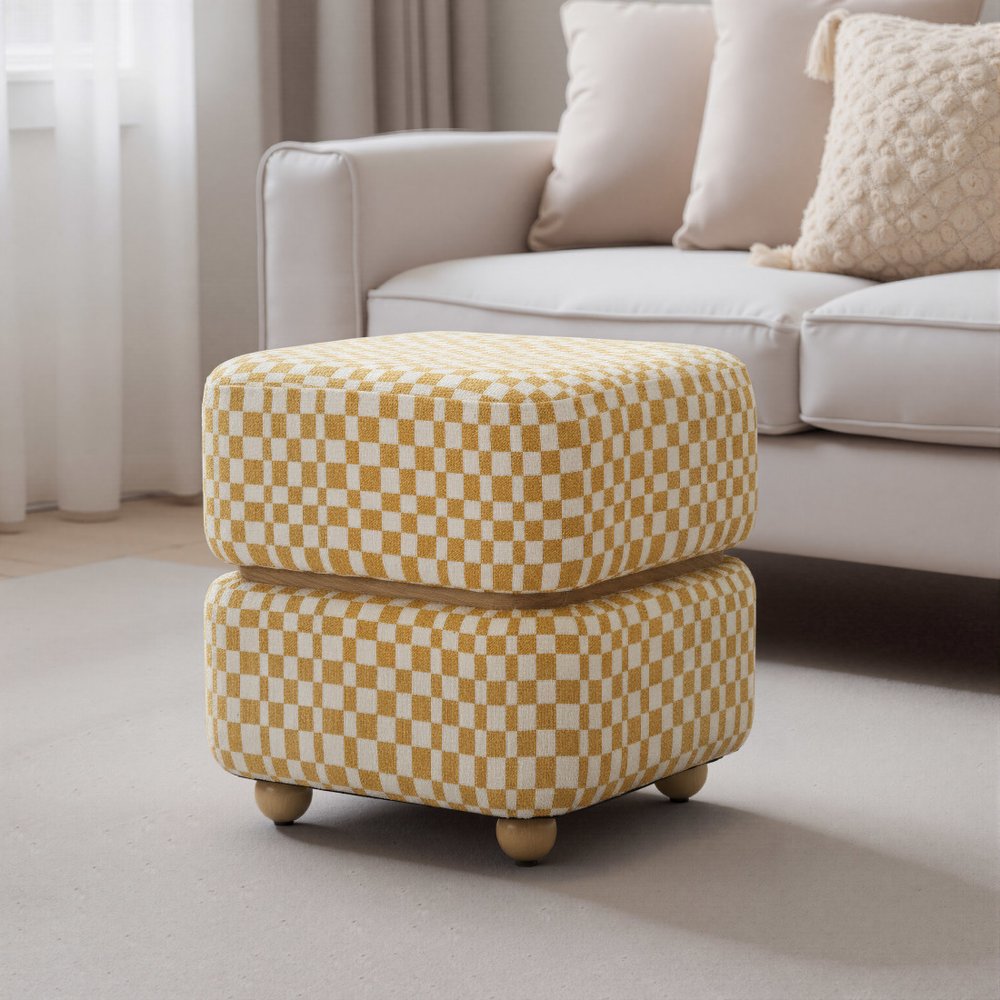 18" White Yellow And Natural Wood And Upholstery Checkered Ottoman