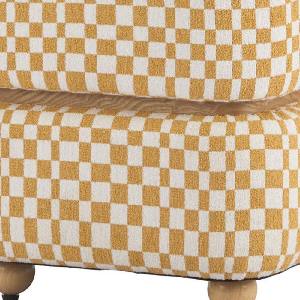 18" White Yellow And Natural Wood And Upholstery Checkered Ottoman