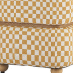 18" White Yellow And Natural Wood And Upholstery Checkered Ottoman