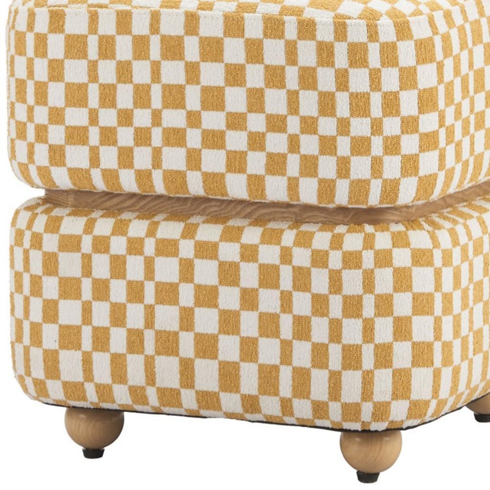 18" White Yellow And Natural Wood And Upholstery Checkered Ottoman