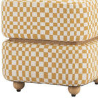 18" White Yellow And Natural Wood And Upholstery Checkered Ottoman