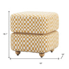 18" White Yellow And Natural Wood And Upholstery Checkered Ottoman