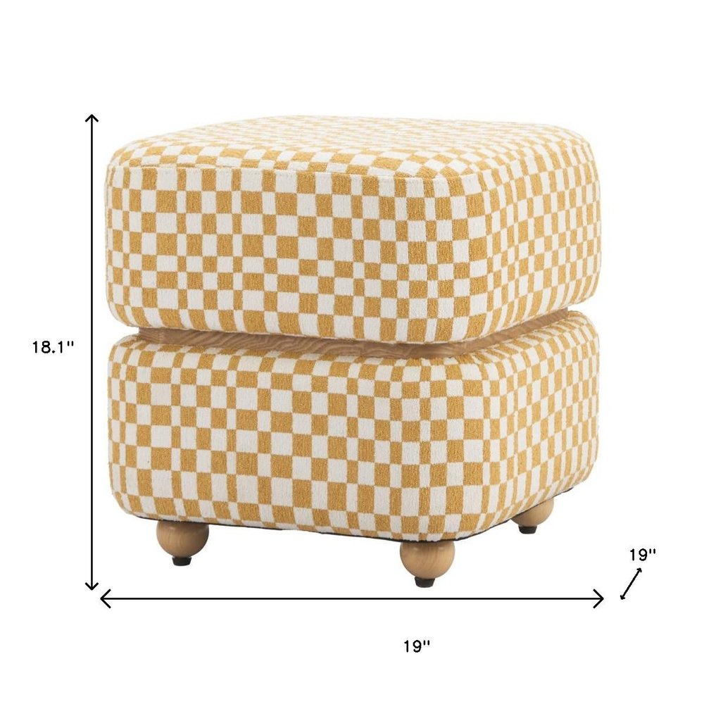 18" White Yellow And Natural Wood And Upholstery Checkered Ottoman