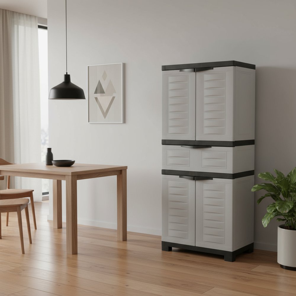 23" Black and Gray Plastic Accent Cabinet With Four Doors And One Drawer