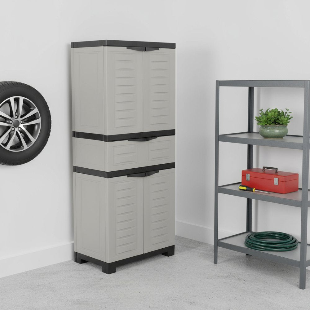23" Black and Gray Plastic Accent Cabinet With Four Doors And One Drawer