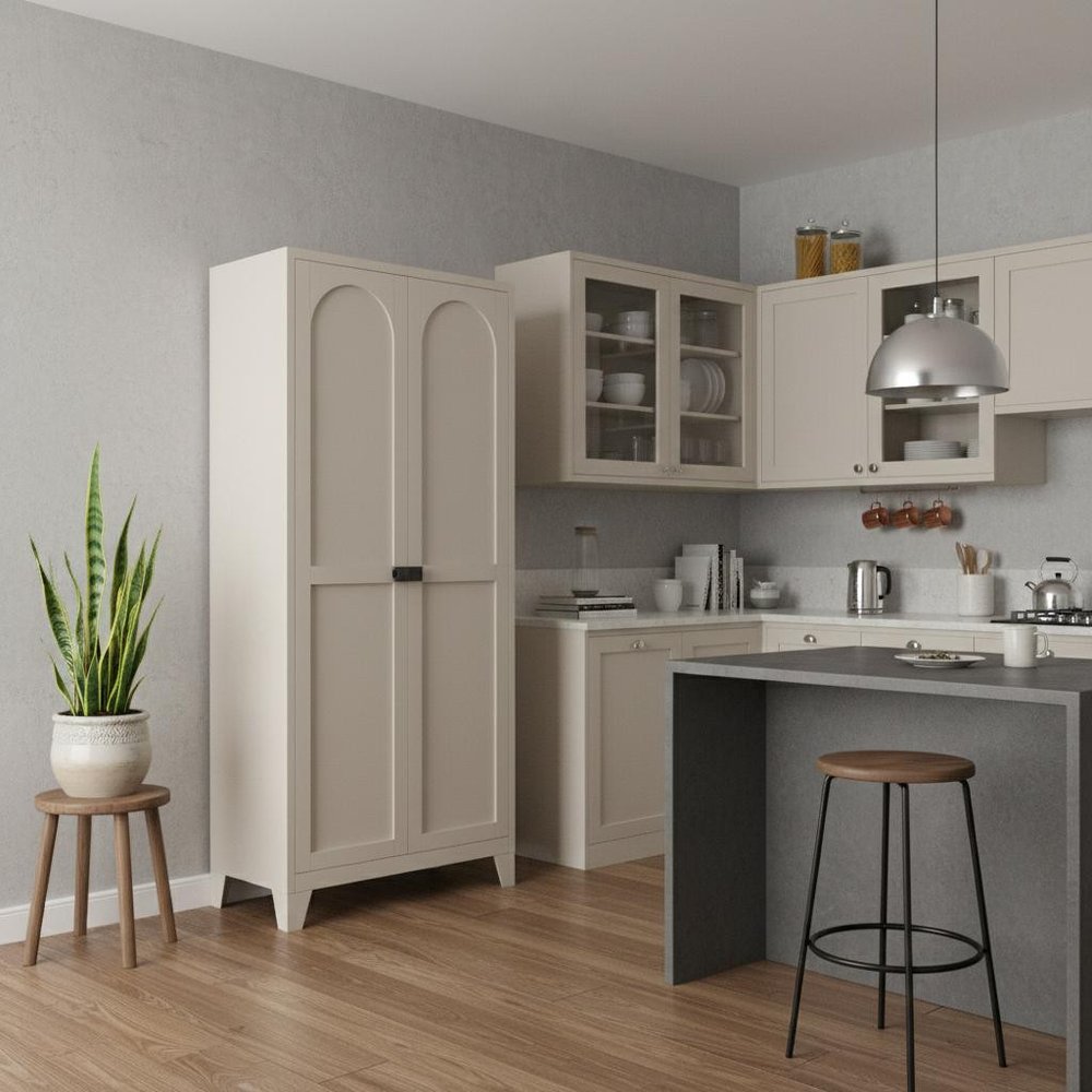 71" Cream Stainless Steel Locking Pantry Or Storage Closet With Arched Panel Doors
