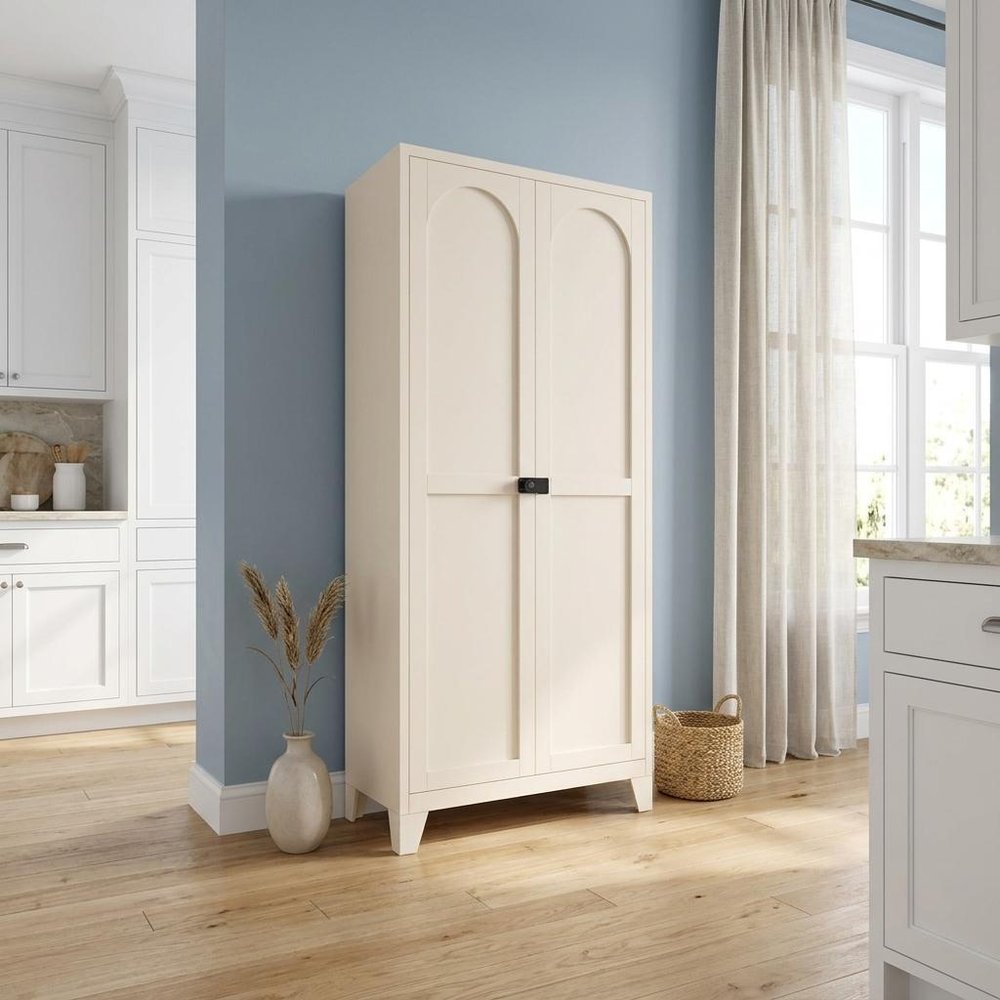 71" Cream Stainless Steel Locking Pantry Or Storage Closet With Arched Panel Doors