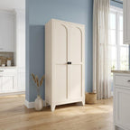71" Cream Stainless Steel Locking Pantry Or Storage Closet With Arched Panel Doors