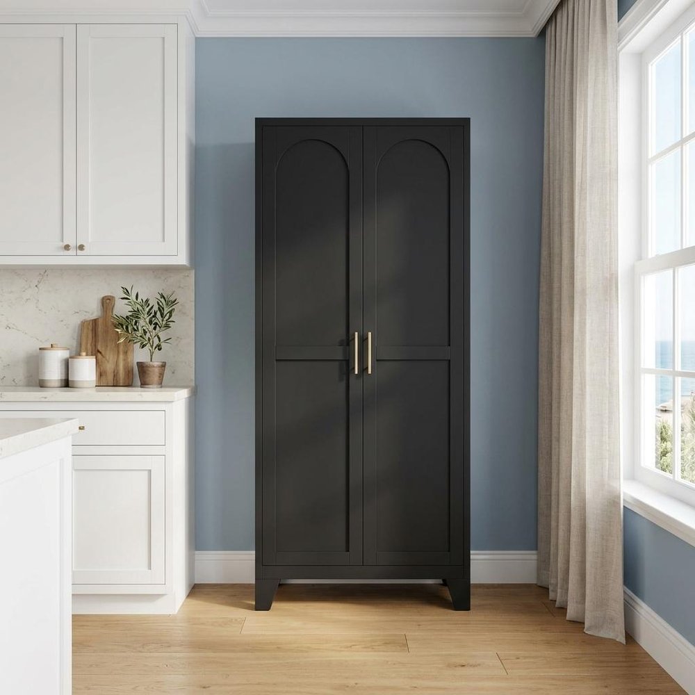 61" Black Stainless Steel Pantry Or Storage Closet With Arched Panel Doors