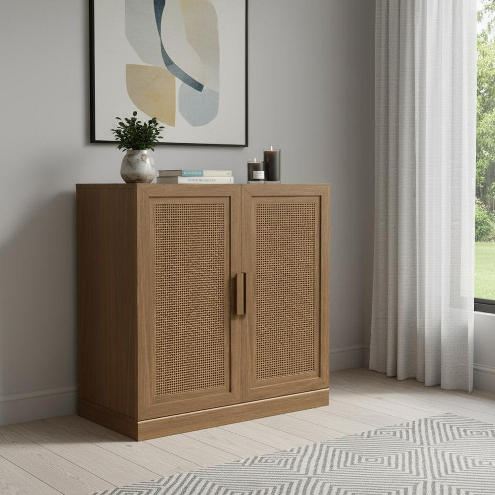 31" Brown Wood Inlaid Rattan Accent Cabinet With Two Doors