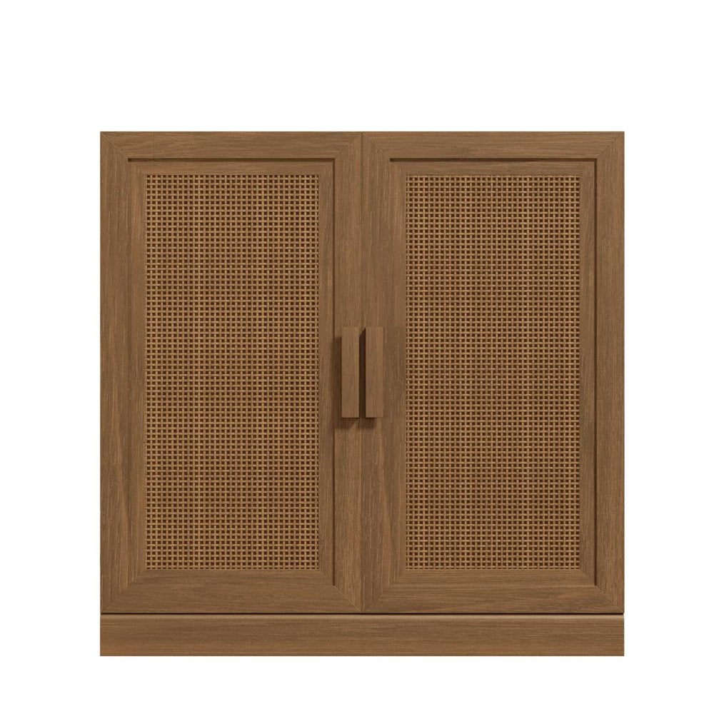 31" Brown Wood Inlaid Rattan Accent Cabinet With Two Doors