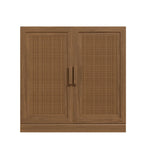 31" Brown Wood Inlaid Rattan Accent Cabinet With Two Doors