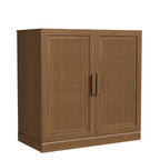 31" Brown Wood Inlaid Rattan Accent Cabinet With Two Doors