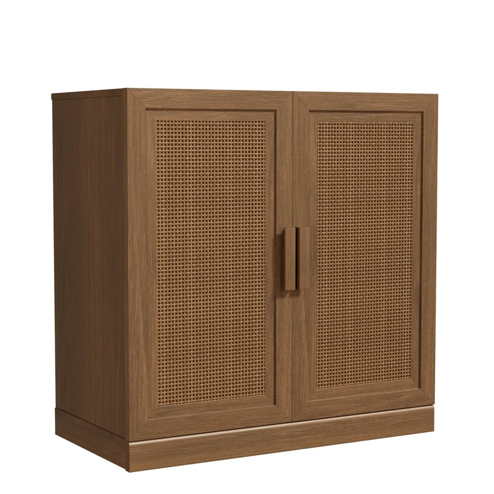 31" Brown Wood Inlaid Rattan Accent Cabinet With Two Doors