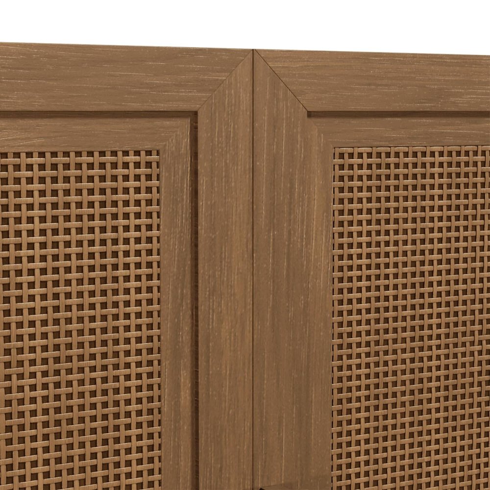 31" Brown Wood Inlaid Rattan Accent Cabinet With Two Doors