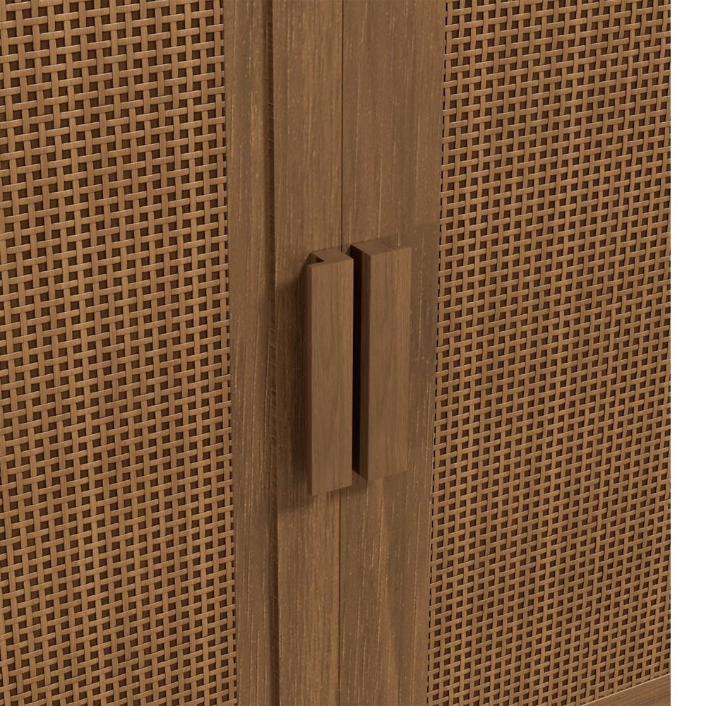 31" Brown Wood Inlaid Rattan Accent Cabinet With Two Doors