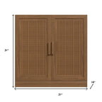 31" Brown Wood Inlaid Rattan Accent Cabinet With Two Doors