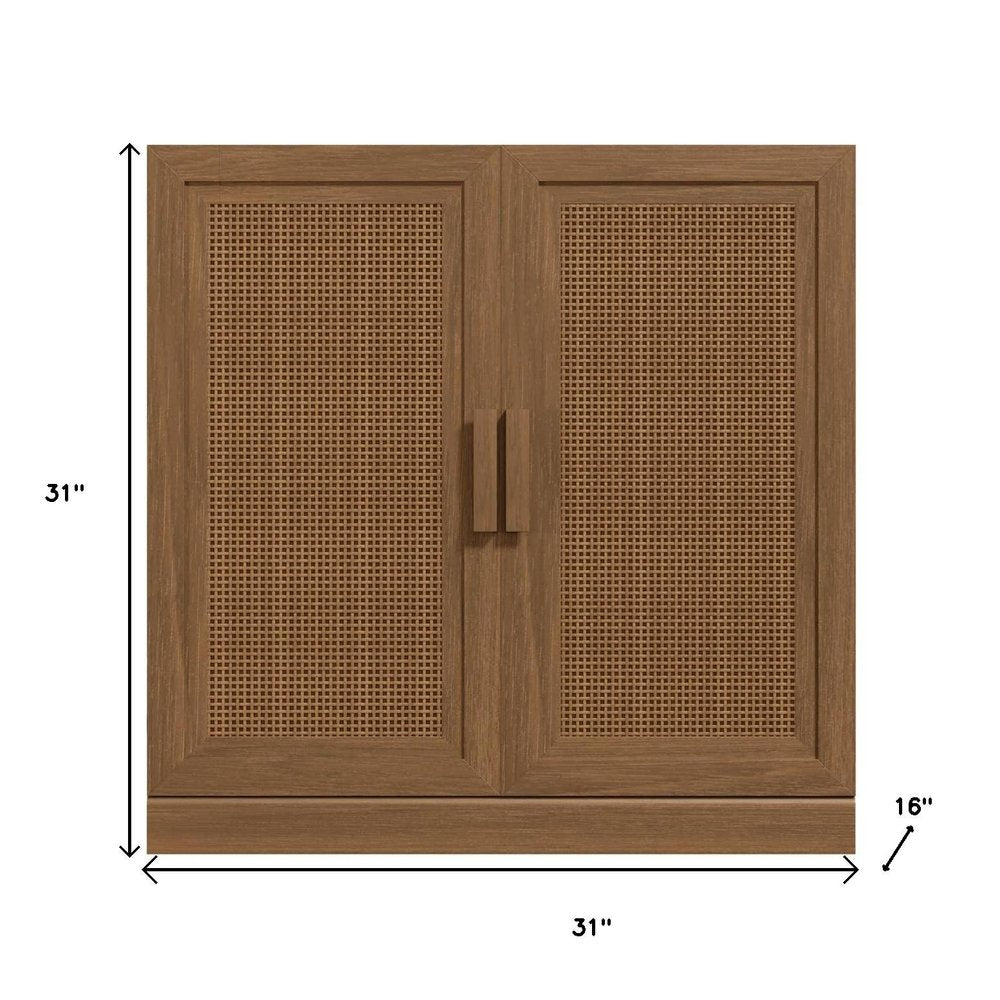 31" Brown Wood Inlaid Rattan Accent Cabinet With Two Doors