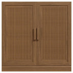 31" Brown Wood Inlaid Rattan Accent Cabinet With Two Doors