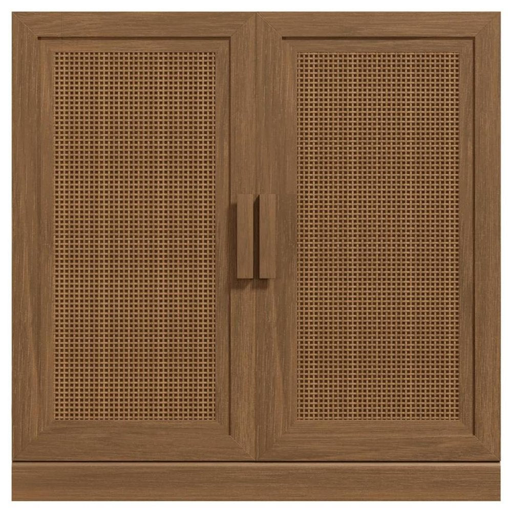 31" Brown Wood Inlaid Rattan Accent Cabinet With Two Doors