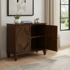 34" Brown Wood Carved Geometric Accent Cabinet With Two Doors