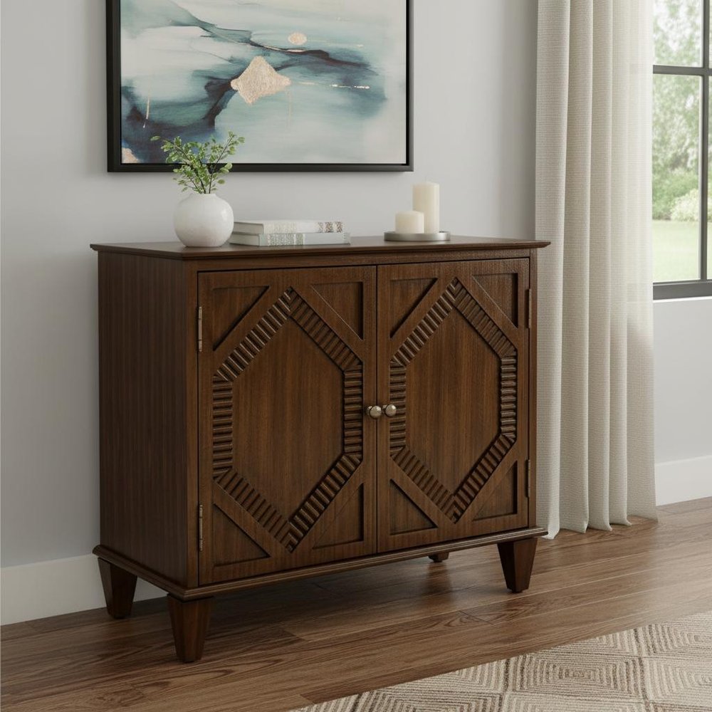 34" Brown Wood Carved Geometric Accent Cabinet With Two Doors