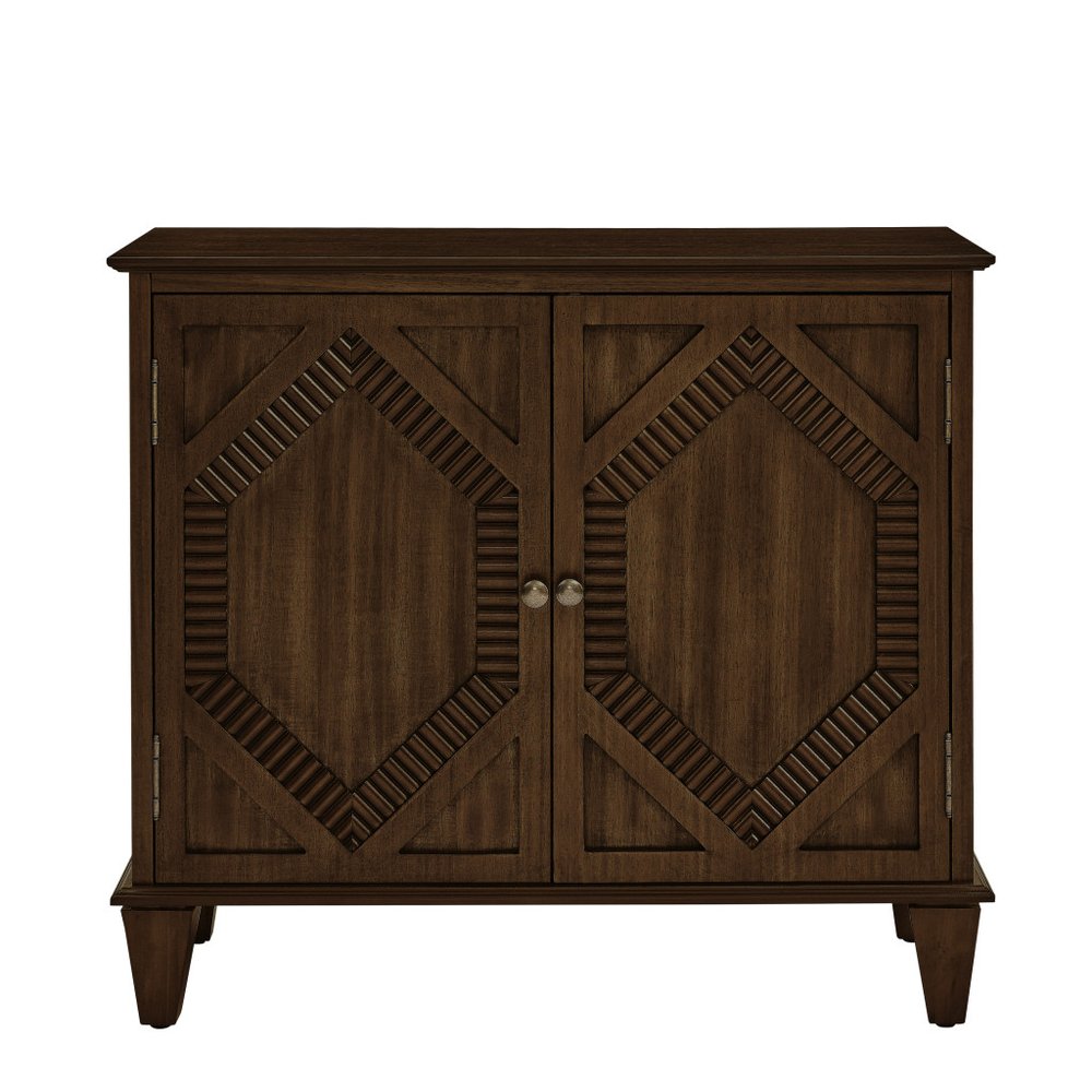 34" Brown Wood Carved Geometric Accent Cabinet With Two Doors