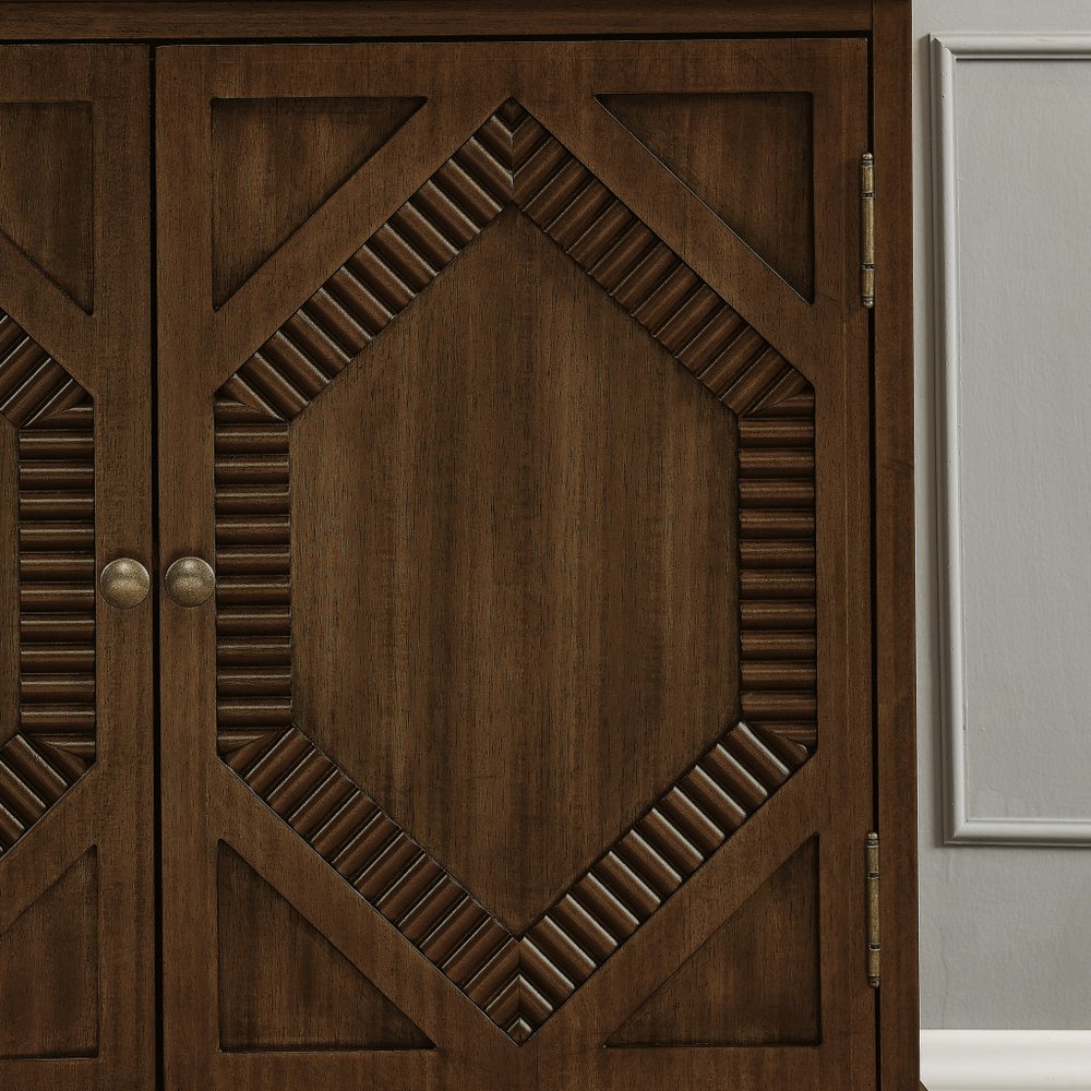 34" Brown Wood Carved Geometric Accent Cabinet With Two Doors