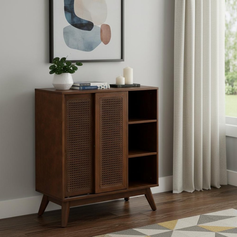 32" Dark Brown Wood Sideboard With Two Sliding Doors