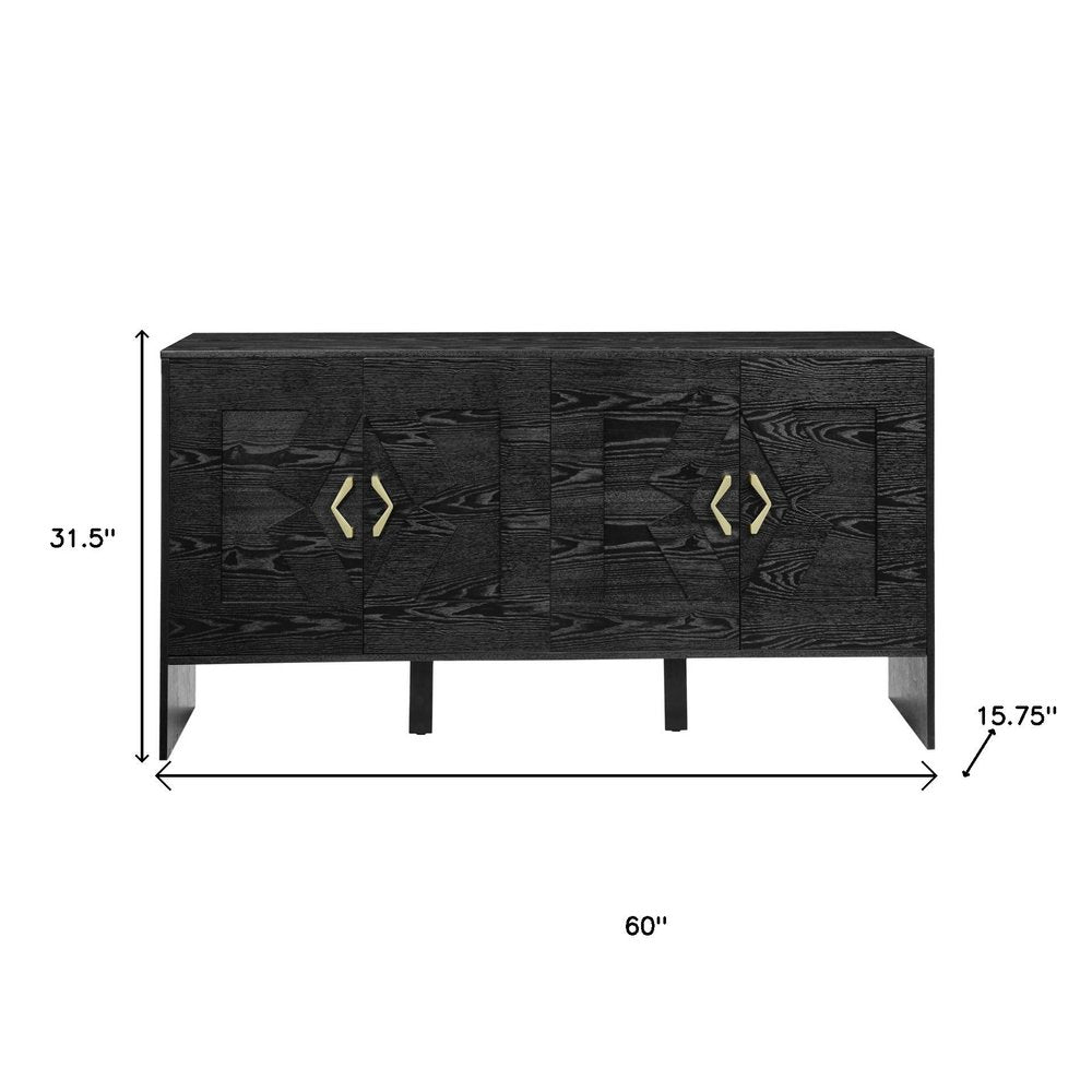 60" Black Wood Ribbed Texture Sideboard With Four Doors