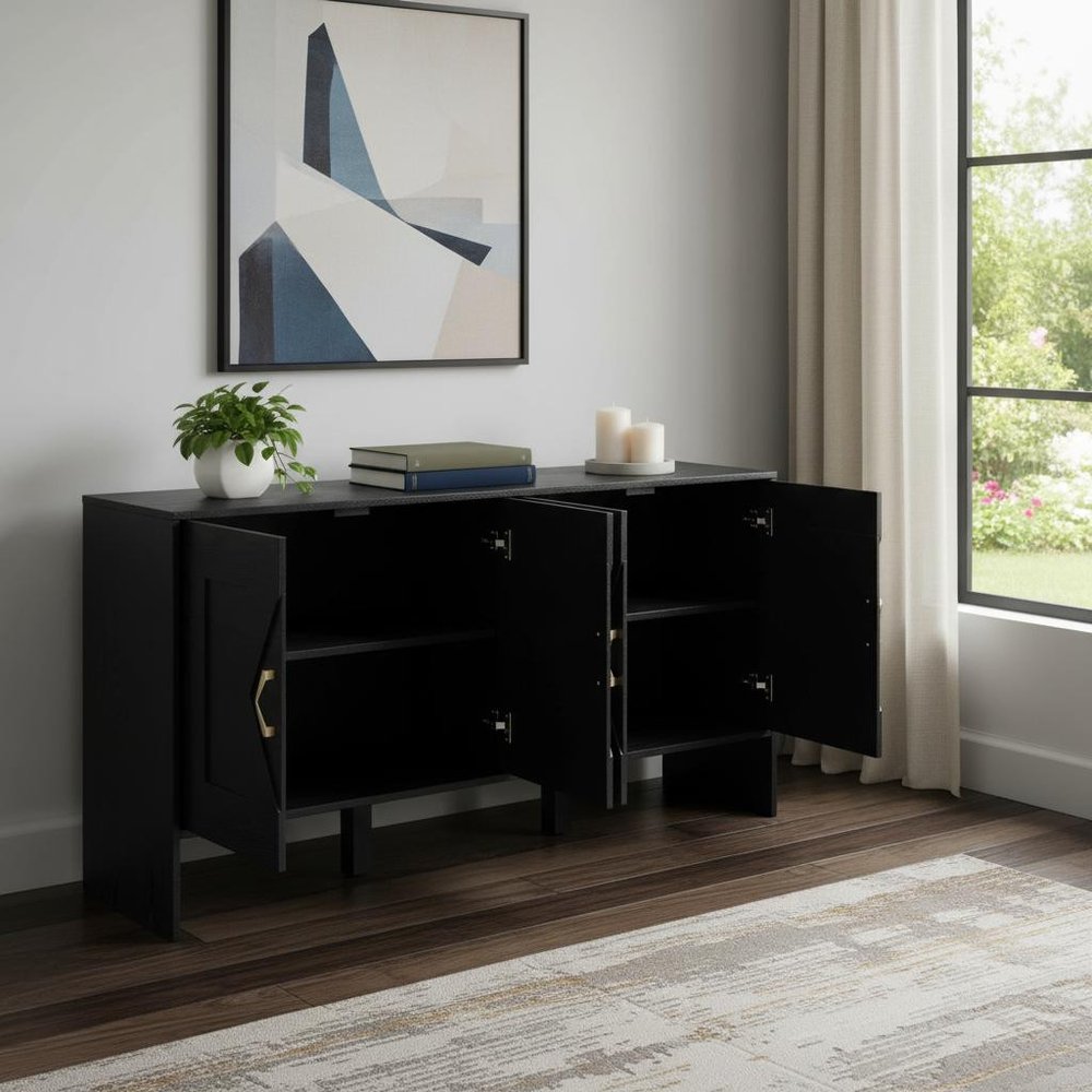 60" Black Wood Ribbed Texture Sideboard With Four Doors