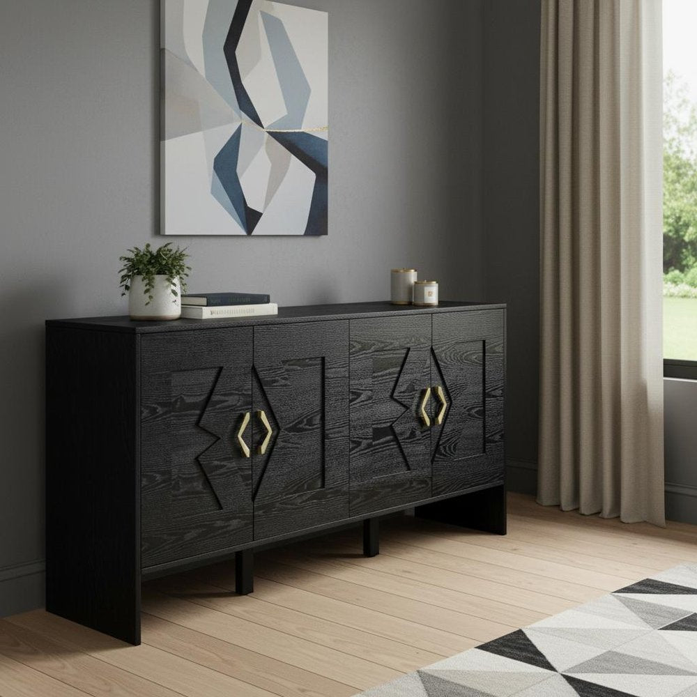 60" Black Wood Ribbed Texture Sideboard With Four Doors