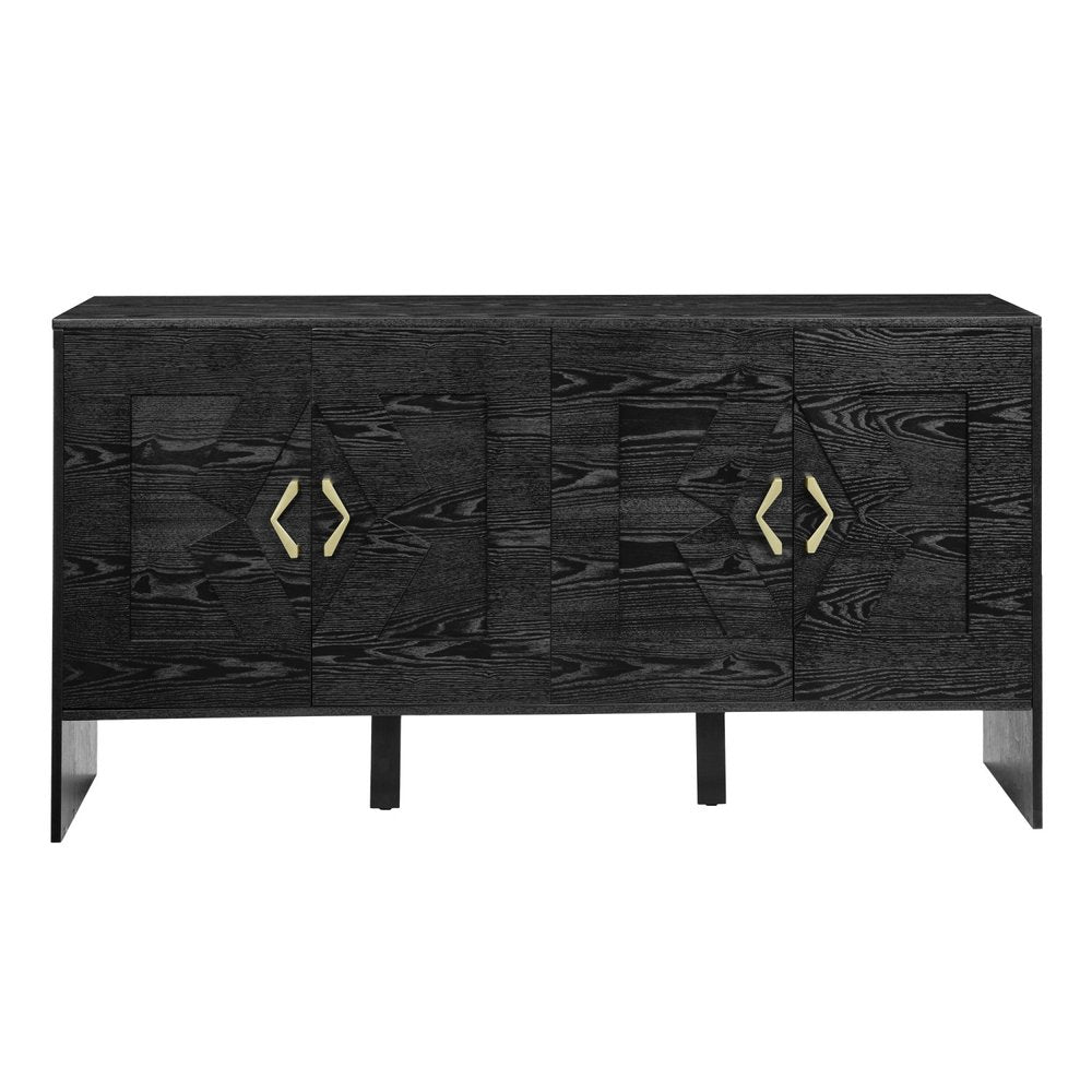 60" Black Wood Ribbed Texture Sideboard With Four Doors