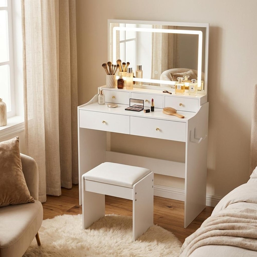 32" White Wood Mirrored Five Drawer Vanity Table And Lights