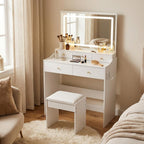 32" White Wood Mirrored Five Drawer Vanity Table And Lights