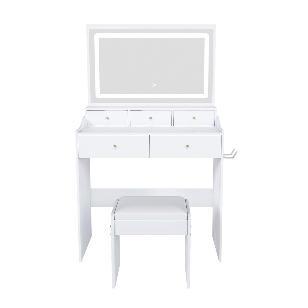 32" White Wood Mirrored Five Drawer Vanity Table And Lights