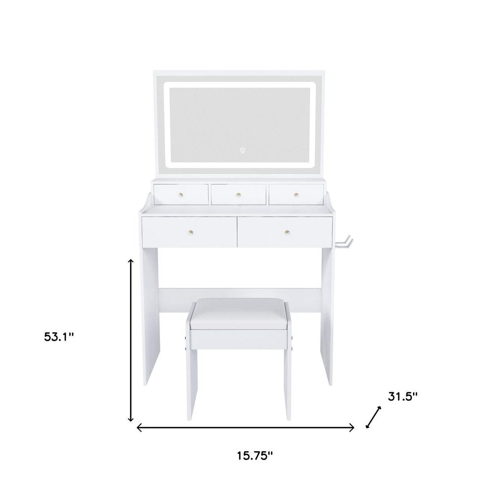 32" White Wood Mirrored Five Drawer Vanity Table And Lights