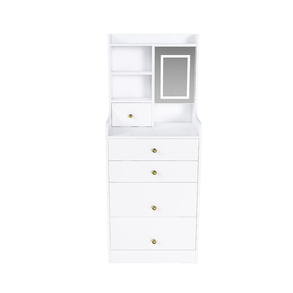 20" White Wood Mirrored Five Drawer Vanity Table And Lights