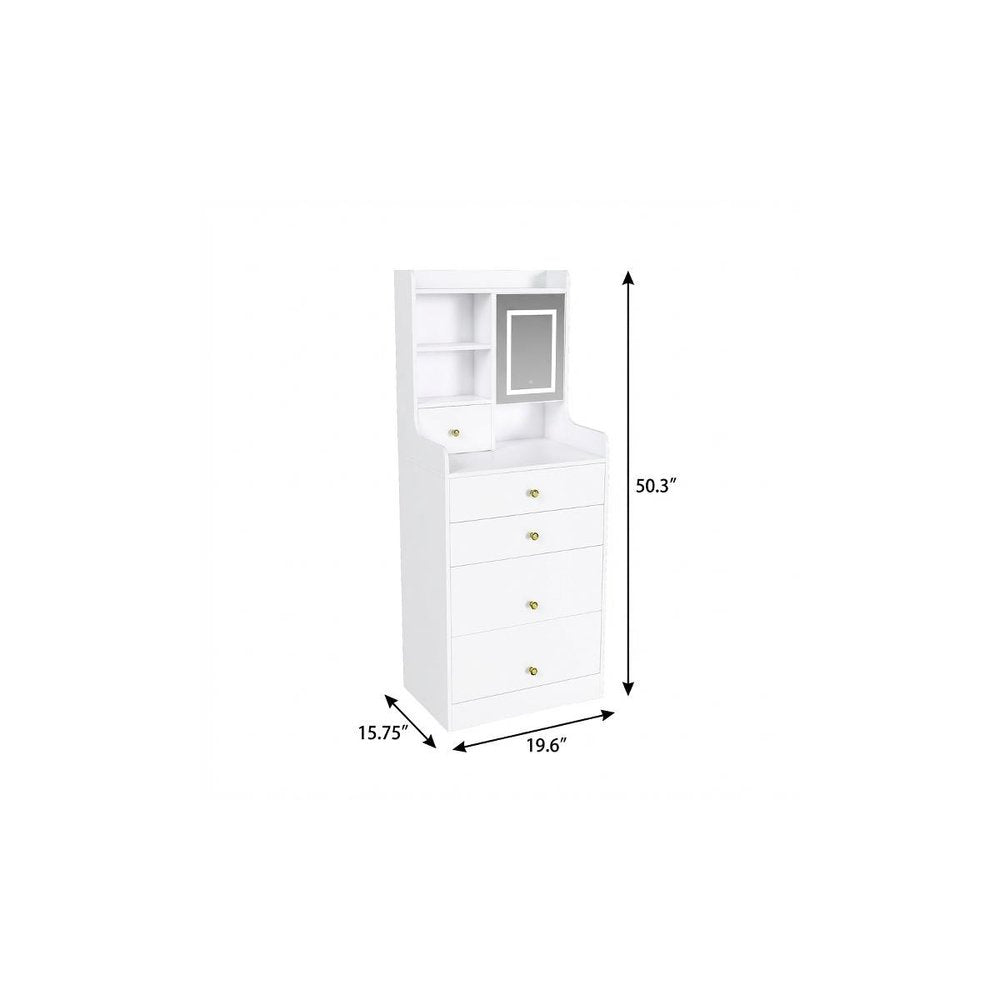 20" White Wood Mirrored Five Drawer Vanity Table And Lights