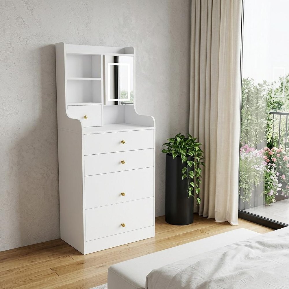 20" White Wood Mirrored Five Drawer Vanity Table And Lights