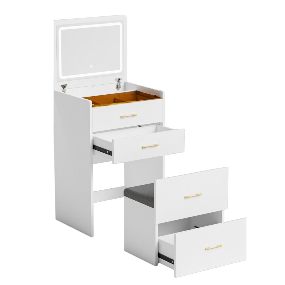 24" White Wood Mirrored Three Drawer Vanity Table