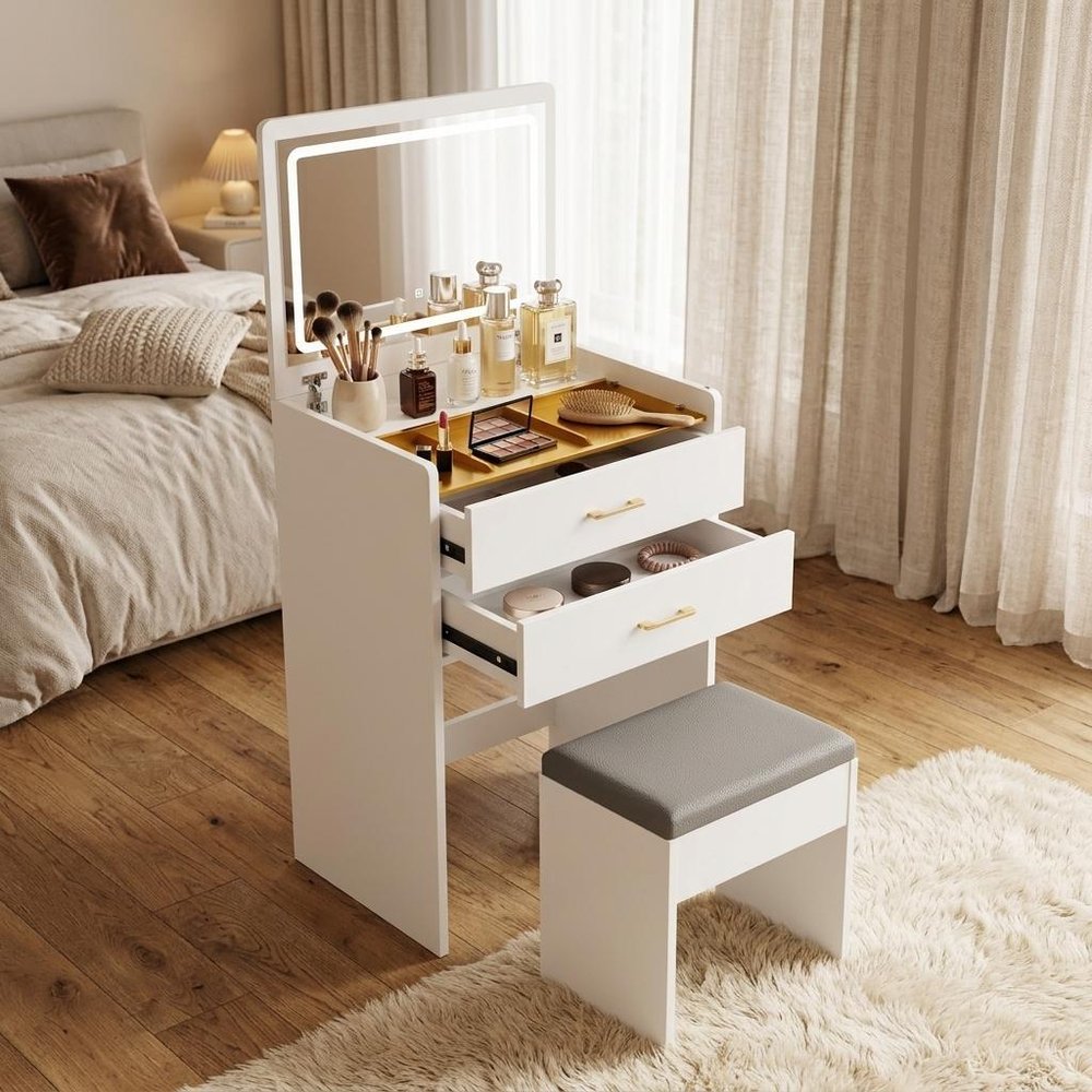 24" White Wood Mirrored Three Drawer Vanity Table