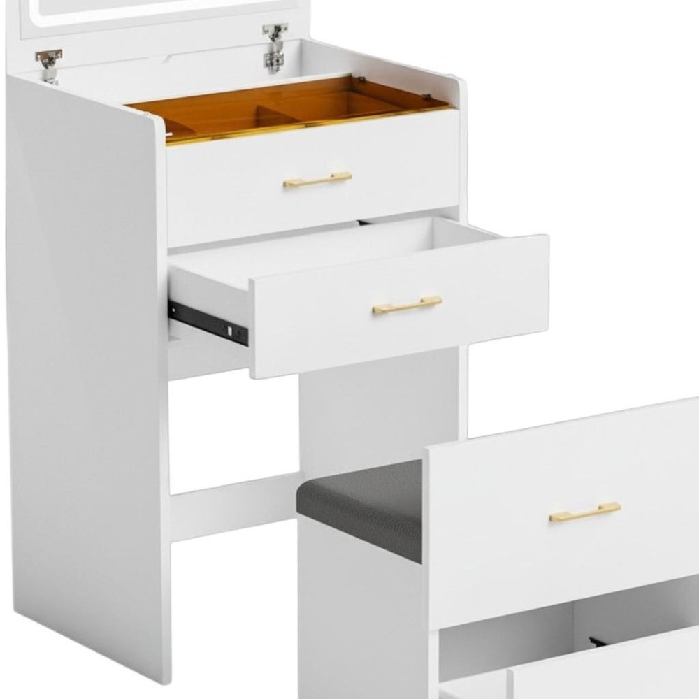 24" White Wood Mirrored Three Drawer Vanity Table