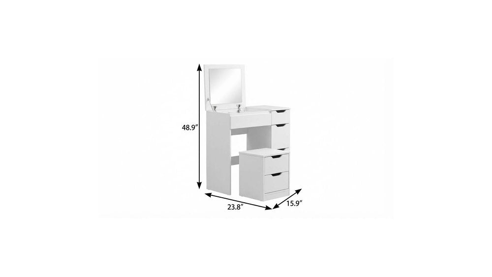 24" White Wood Mirrored Three Drawer Vanity Table