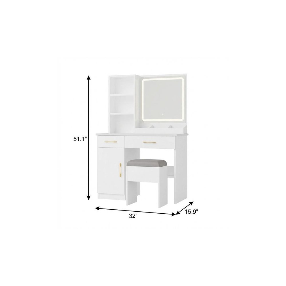 32" White Wood Mirrored Two Drawer Vanity Table And Lights