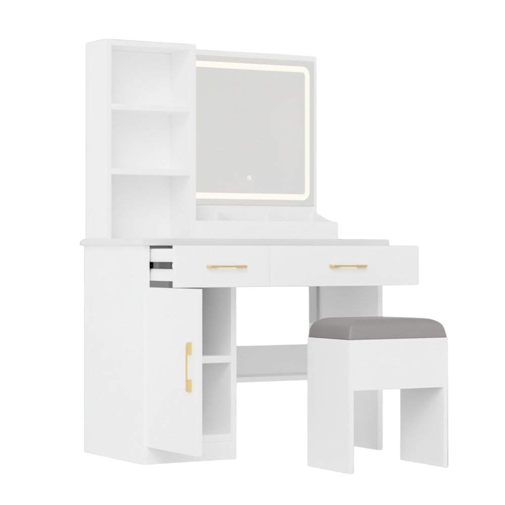 32" White Wood Mirrored Two Drawer Vanity Table And Lights