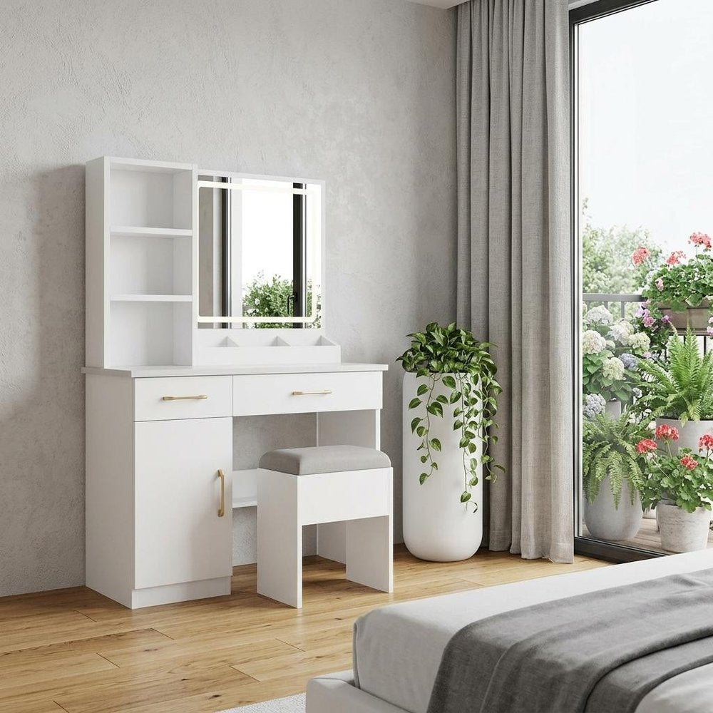 32" White Wood Mirrored Two Drawer Vanity Table And Lights
