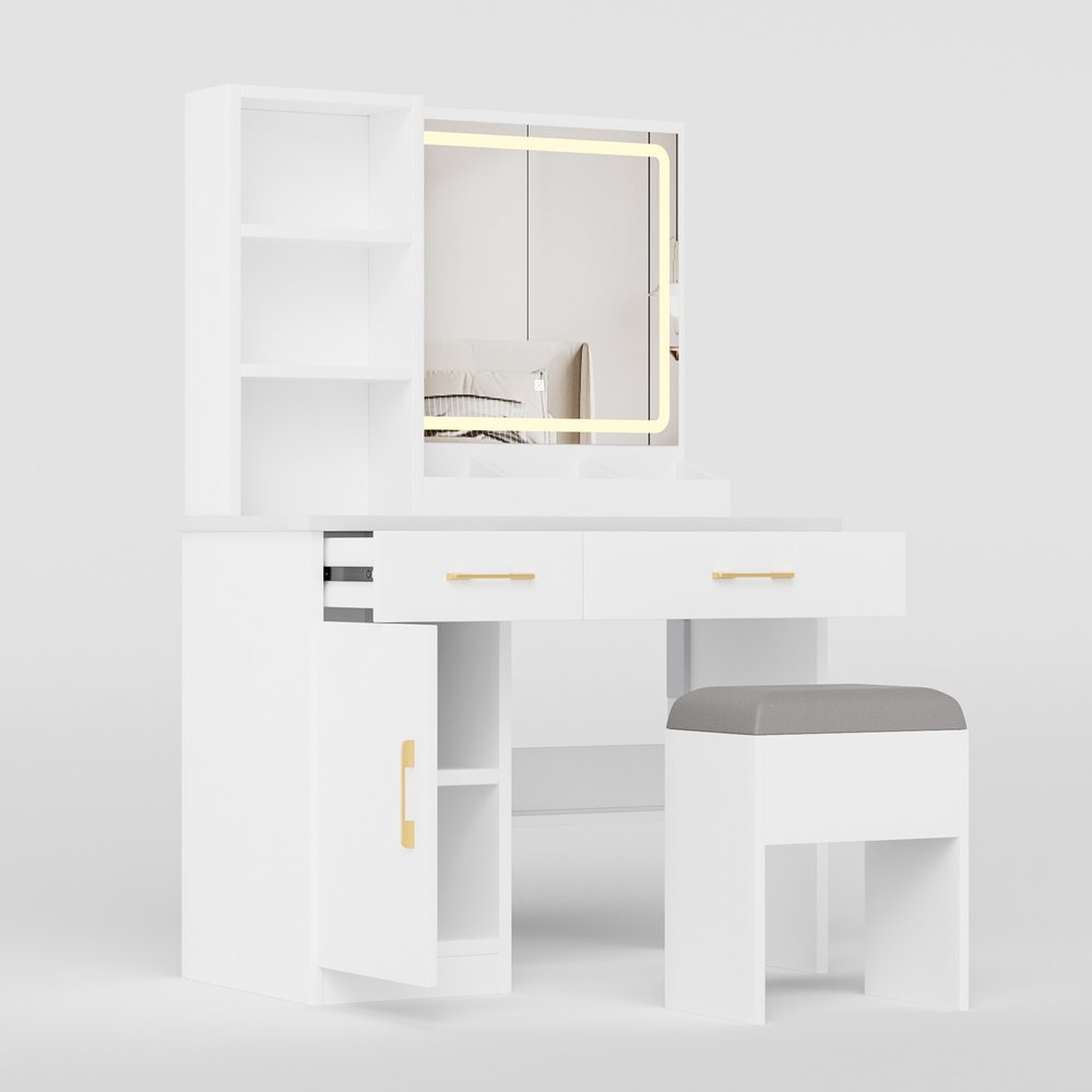 32" White Wood Mirrored Two Drawer Vanity Table And Lights