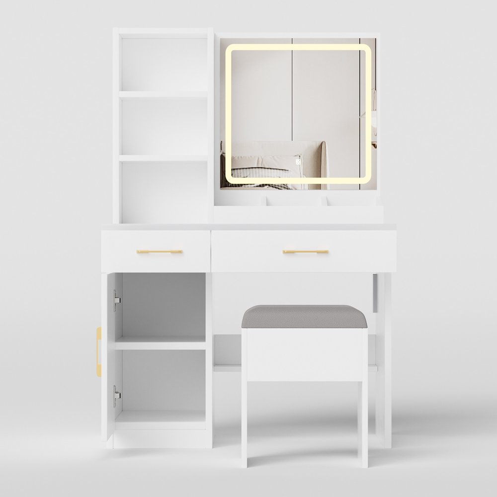 32" White Wood Mirrored Two Drawer Vanity Table And Lights